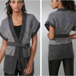 Theory Women’s Dena Caledonia Grey Belted Cardigan Sweater Size L Merino Wool